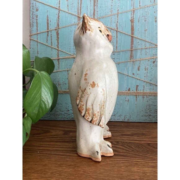 Hand made Signed Snowy Barn Owl Terra Cotta Garden Sculpture 9” Glass Eyes - Picture 10 of 12